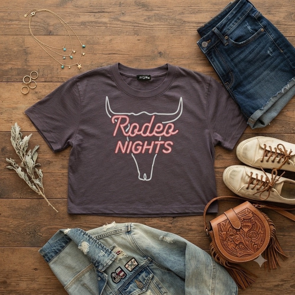 Zutter USA Rodeo Nights Graphic Crop Top Charcoal Gray Western Bull Skull Medium
